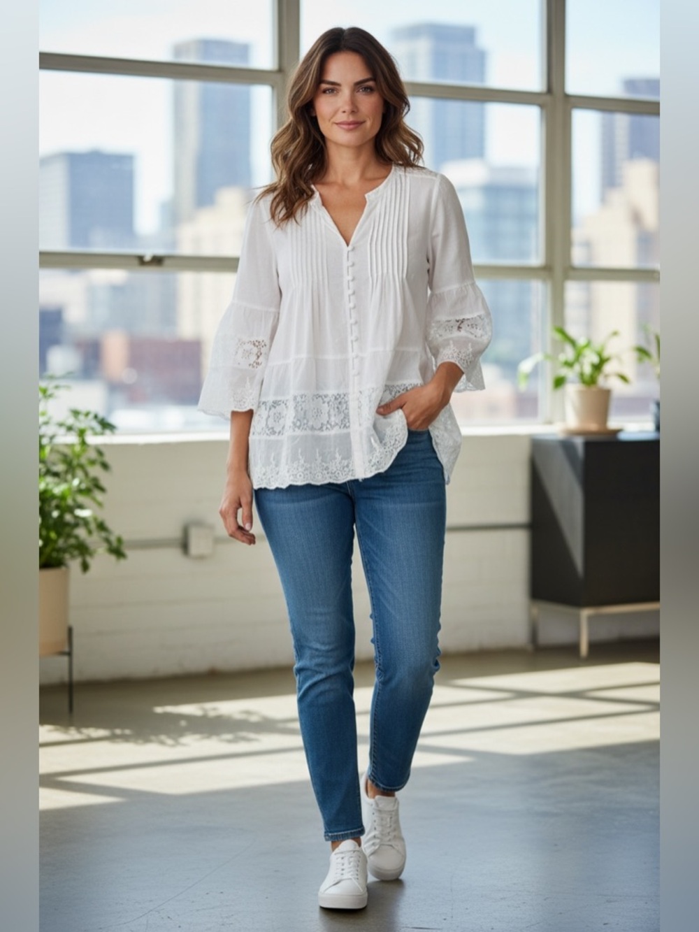 Style & Co Women's White Lace Trim Boho Peasant
Blouse Size L